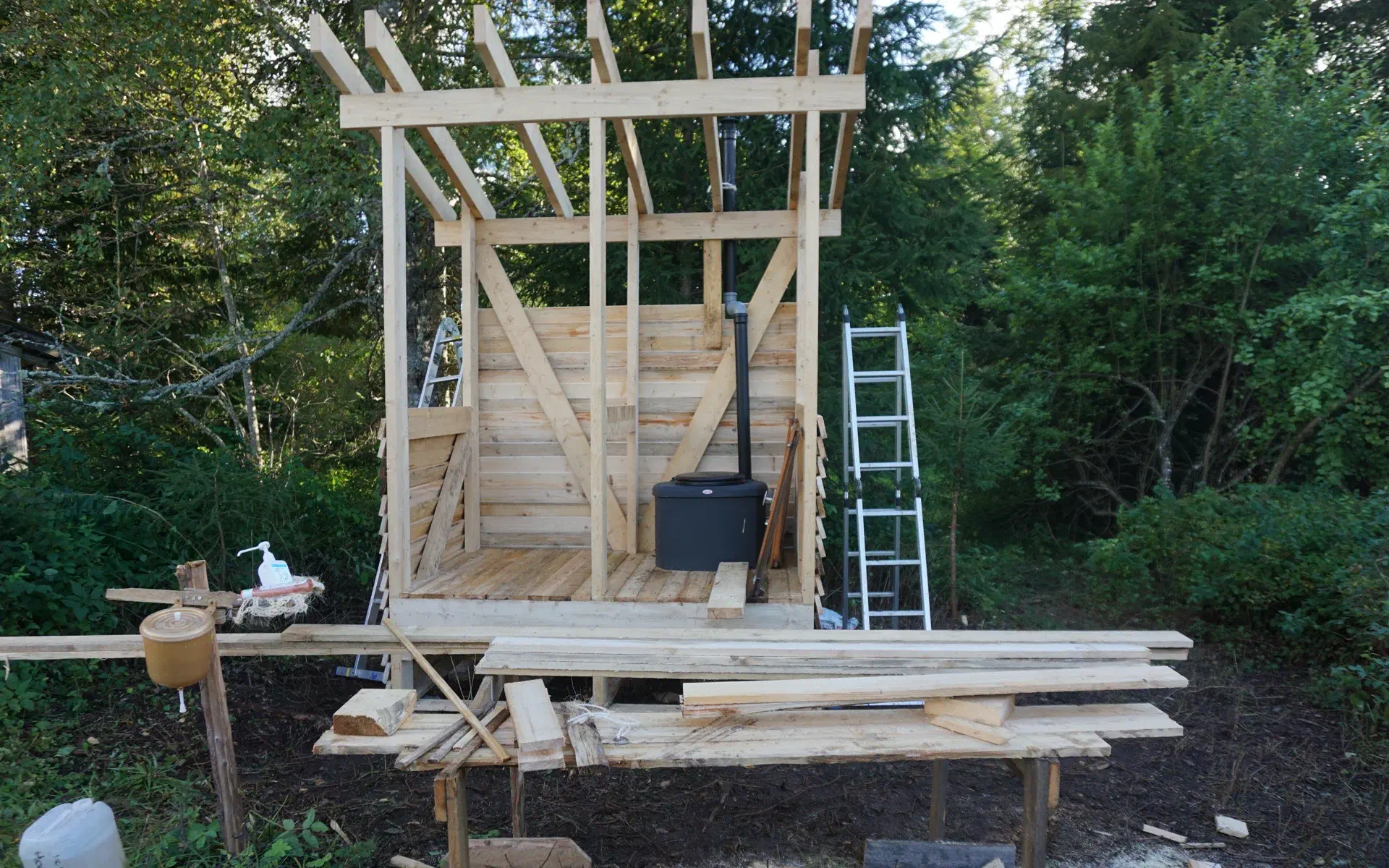 Front view of the shell of the toilet building