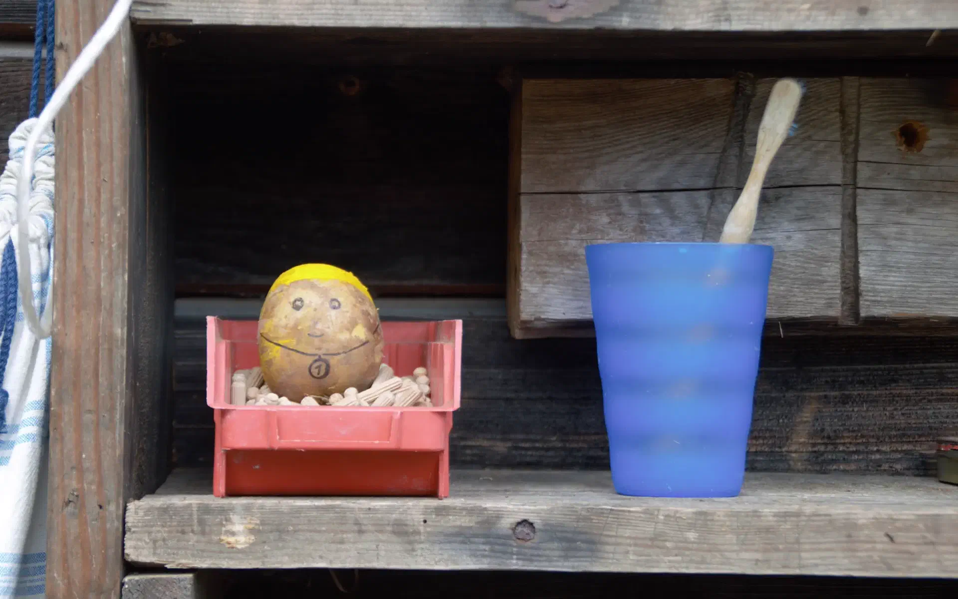 A painted potato stands on the toothbrush rack. That is the potato king.