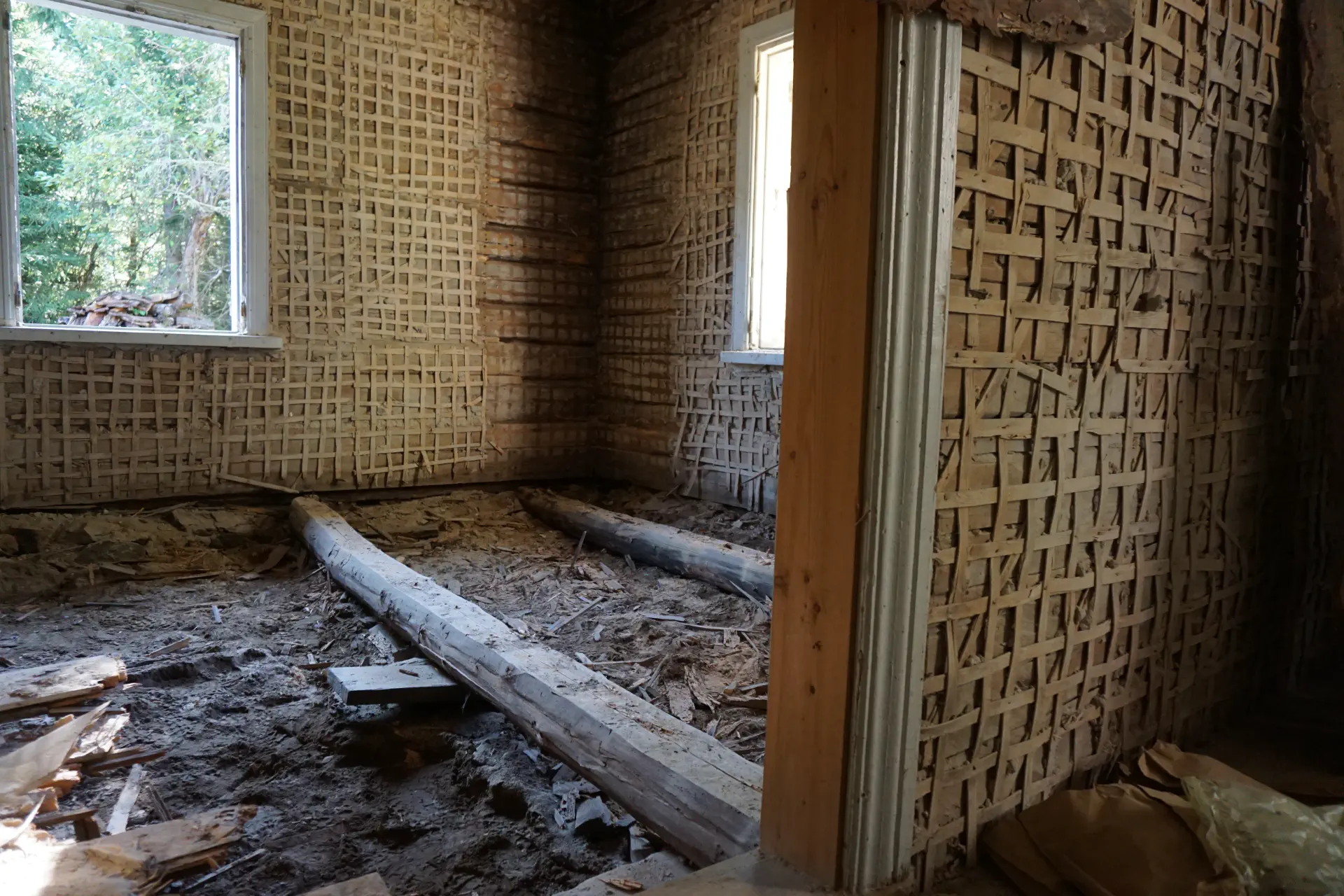 The floor is out in the room with moisture damage. Soil appears underneath